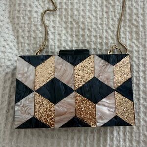 Geometric Pattern Clutch with Gold Chain